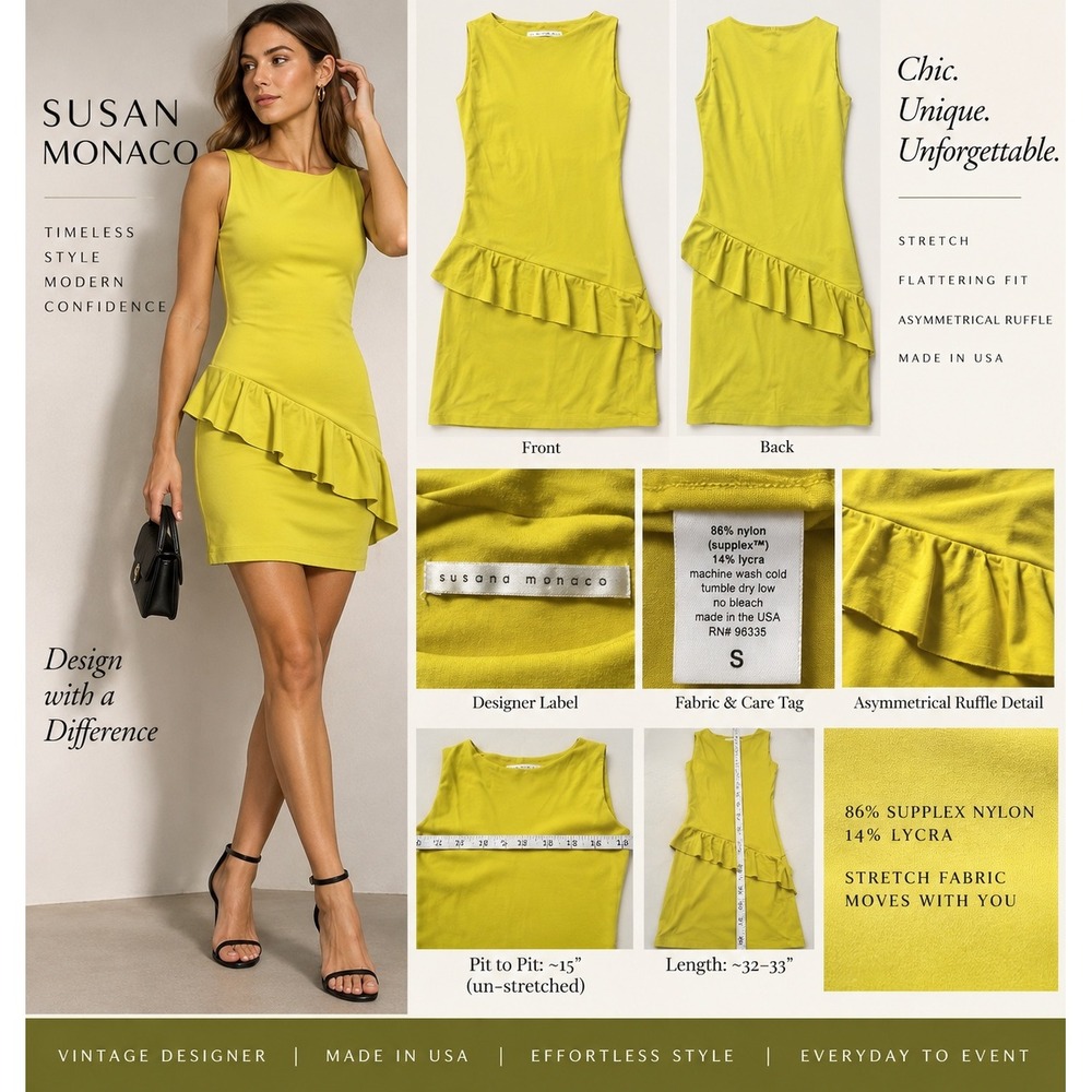 Susana Monaco Chartreuse Ruffle Stretch Bodycon Mini Dress Made in USA Small